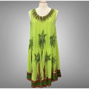 Tapa Threads Hawaii Women Dress Free Size Green Tropical Palm Beach Cover Lounge